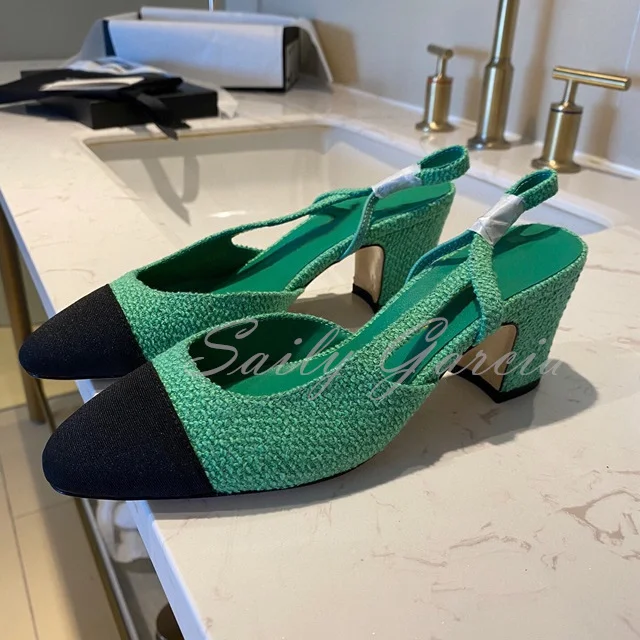 Summer New Women's Shoes Thick Heel French Square Toe Colored Patchwork Fashion Baotou Fairy Style Ankle Strap Shallow Sandals