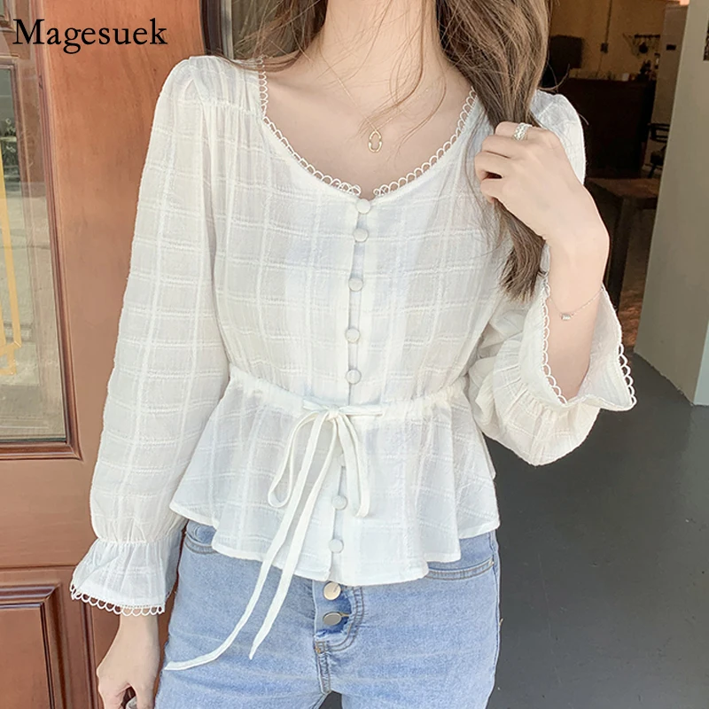 

Блузка женская в клетку, с длинным рукавом и V-образным вырезом