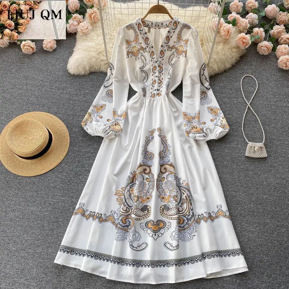 

Vintage Puff Long Sleeve Print White Dress Women 2022 Spring New Female V-neck High Waist Elegant Luxury Runway Maxi Dresses