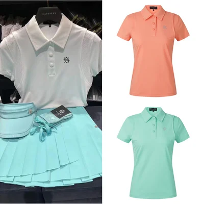 

Корейская Оригинальная одежда для гольфа, Женский Топ, сетчатая Спортивная быстросохнущая дышащая облегающая футболка с отложным воротником и коротким рукавом