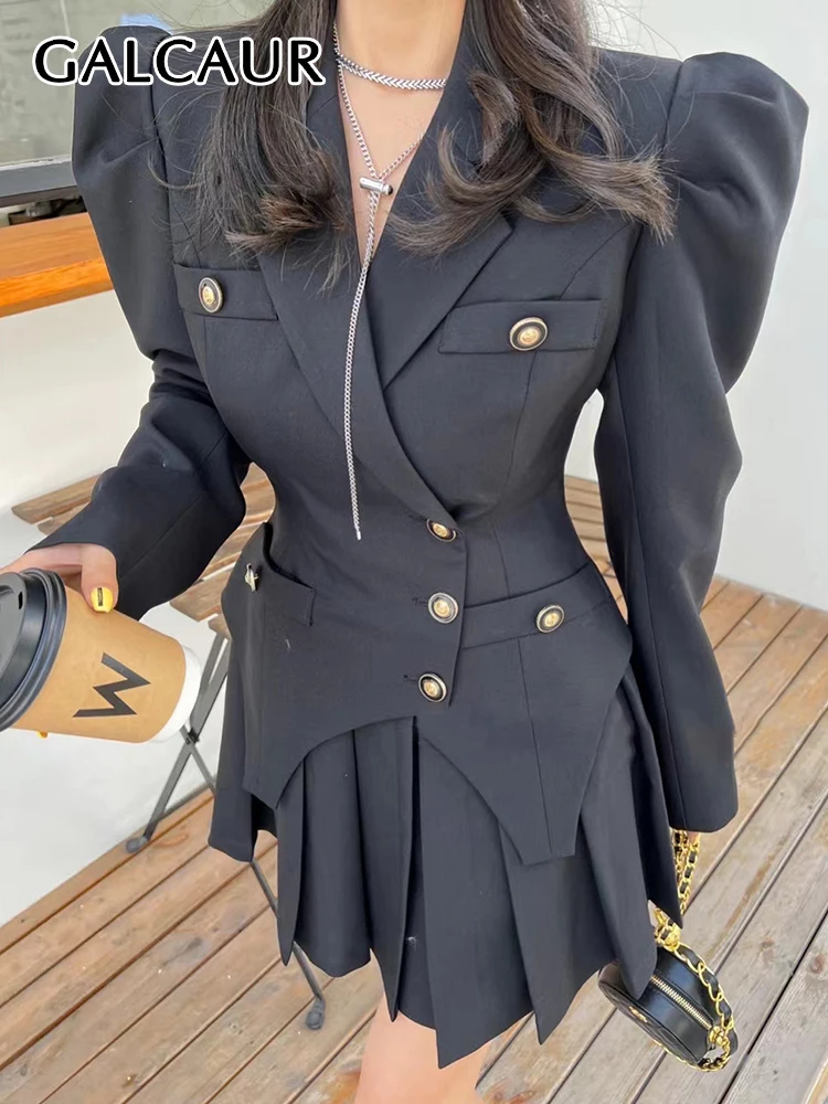 

GALCAUR Black Patchwork Ruched Dress For Women Notched Collar Long Sleeve Solid Mini Dresses Female Spring Clothing Style 2022