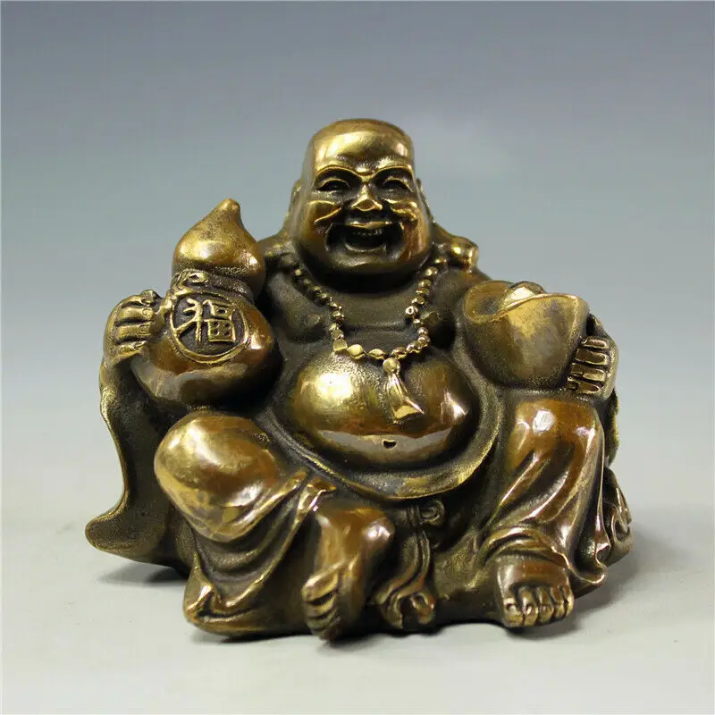 Chinese Brass Copper Yuanbao Wealth Gourd Happy Laugh Maitreya Buddha Statue