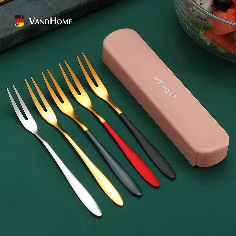 

VandHome 5 Pcs/Set Gold Fruit Fork Set Portable Dessert Fork With Box 18/8 Stainless Steel Fork Food Picks Kitchen Accessories