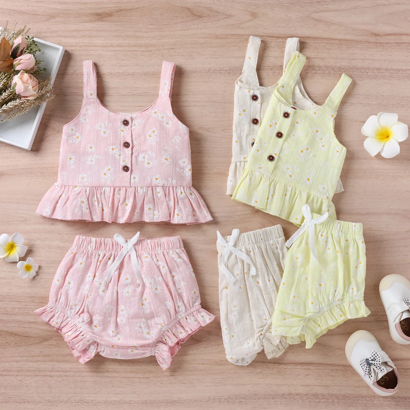 

2022 Summer Baby Girl Vest Tops Shorts Suit Sleeveless U Neck Blouse Casual Buttons Children's Clothing