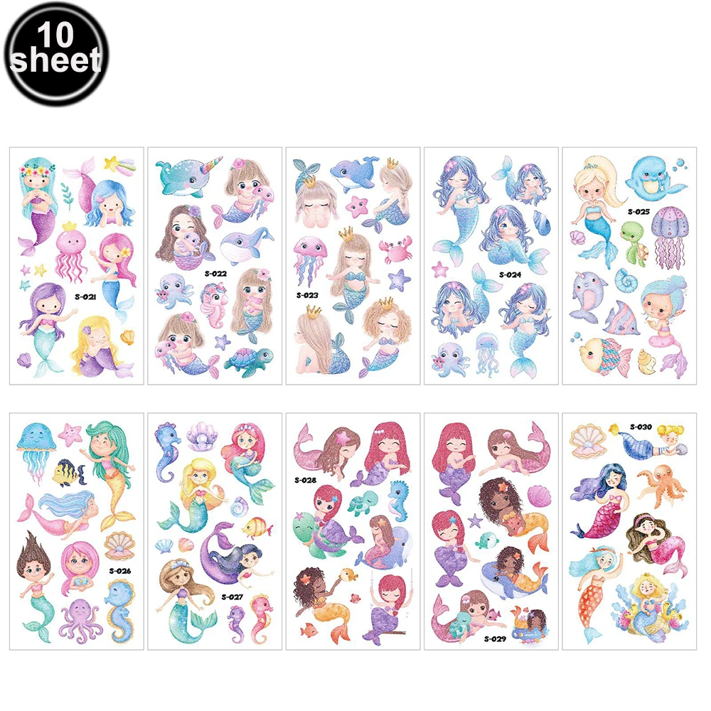 

10 листов под морем, русалка, блестящие временные татуировки для девочек, русалка, морские животные, тематическое украшение для дня рождения, вечеринки