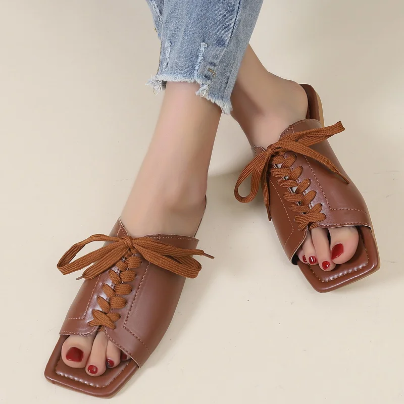 

New Summer Fashion Comfortable Casual Female Beach Shoes Women Slipper Flat Flip Flop Outdoor Shoes Lace Up Peep Toe Slippers