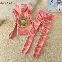 Juicy Apple Tracksuit 2 Piece Sets Womens Outfits Spring Autumn Casual Zip Hooded Tops+Pants Sports Suit Office Lady Sportswear