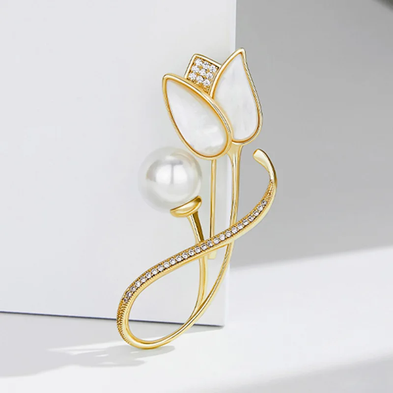 

New fashion niche design Chinoiserie style white magnolia flower tulip pearl brooch silk scarf button women's Fashion accessory