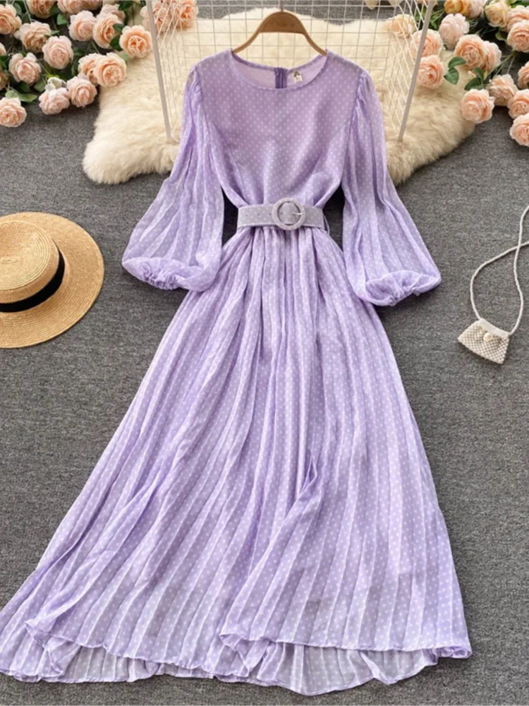 

Spring Women New Elegant Dot Print Long Sleeve Midi Dress With Belt O-Neck Chiffon A-Line Casual Clothes Vestidos