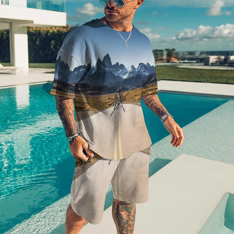 New Men's T-shirt Set Summer Outfits Harajuku 3D Print Casual Sports T-shirt Round Neck Retro Short-sleeved Top Tracksuit Suit