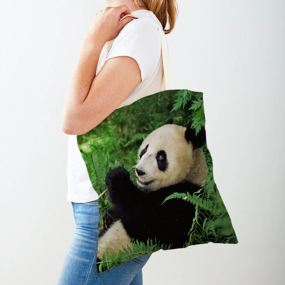 

Cute Chinese Panda Women Shopping Bags Reusable Both Sided Lady Travel Shoulder Tote Wild Animal Girl Canvas Shopper Bag Handbag