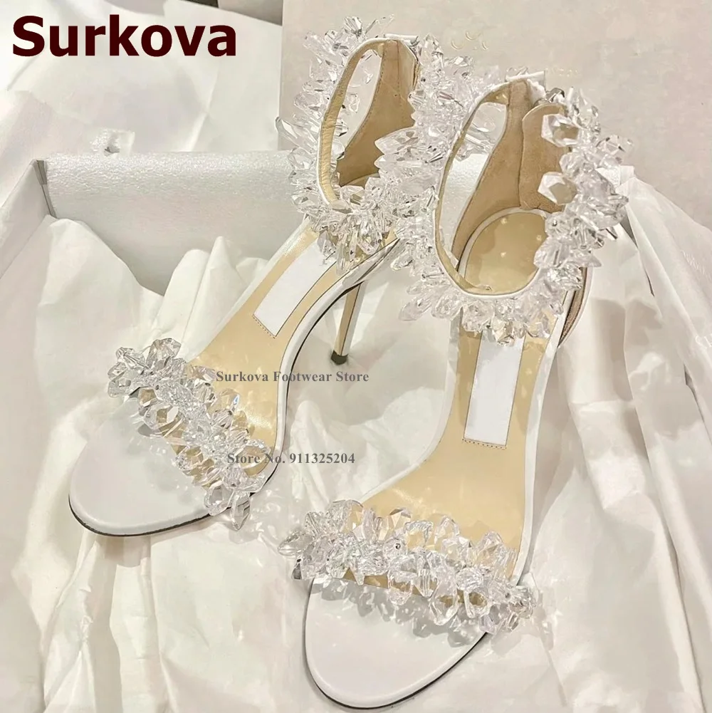 Surkova Crystal Ice Flowers String Beaded Sandals White Patchwork Bling Bling Gem Jewelry Embossed Wedding Shoes Stiletto Pumps