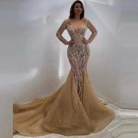 customized crystal champagne deep v neck perspective evening dress long sleeve prom party wedding dress