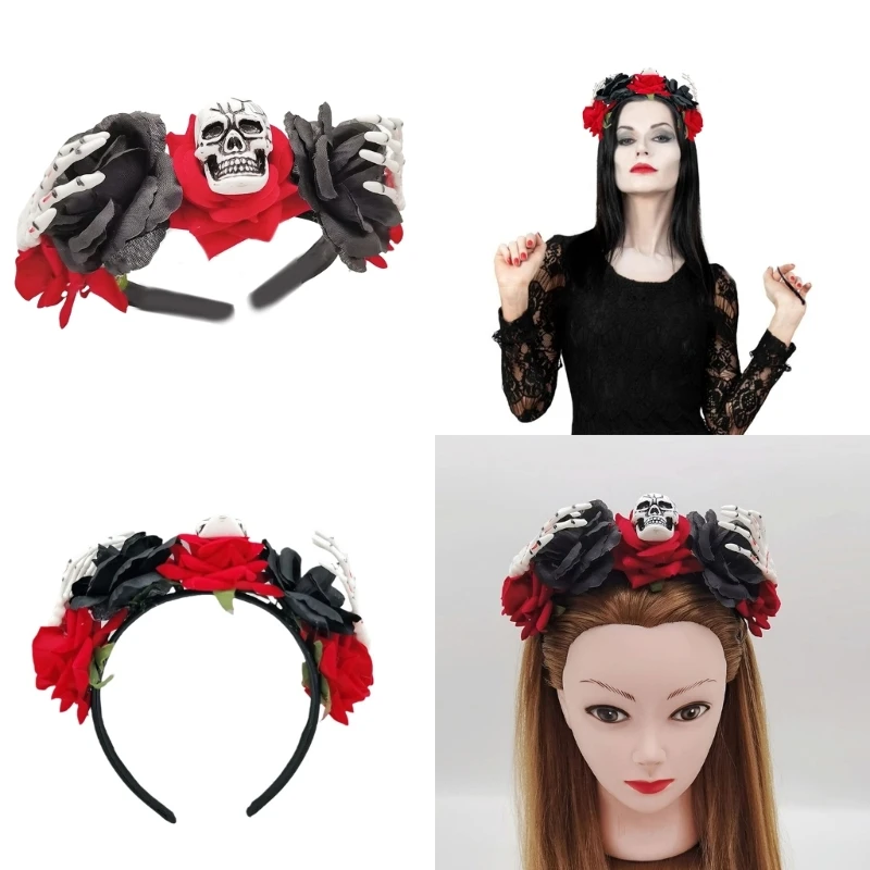

Spooky Halloween Skull Headband Handmade Flower Hair Hoop Costume Headwear Birthday Cosplay Headpiece Costume