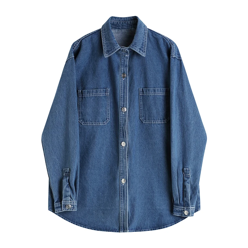 

SuperAen 2022 Spring Light Blue Jeans Jacket Female Casual Loose All Match Turn Down Collar Shirts