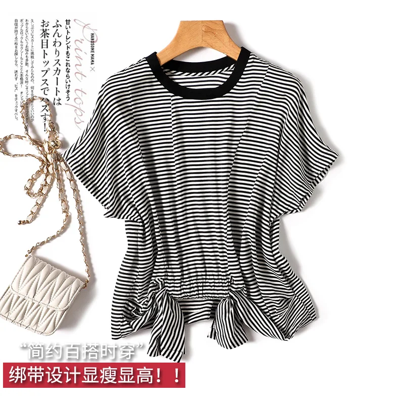 

Striped 91% Natural Silk Blouse Women Fashion Casual SATIN T Shirt Women Tops Tees Classic Style Feminist Clothes