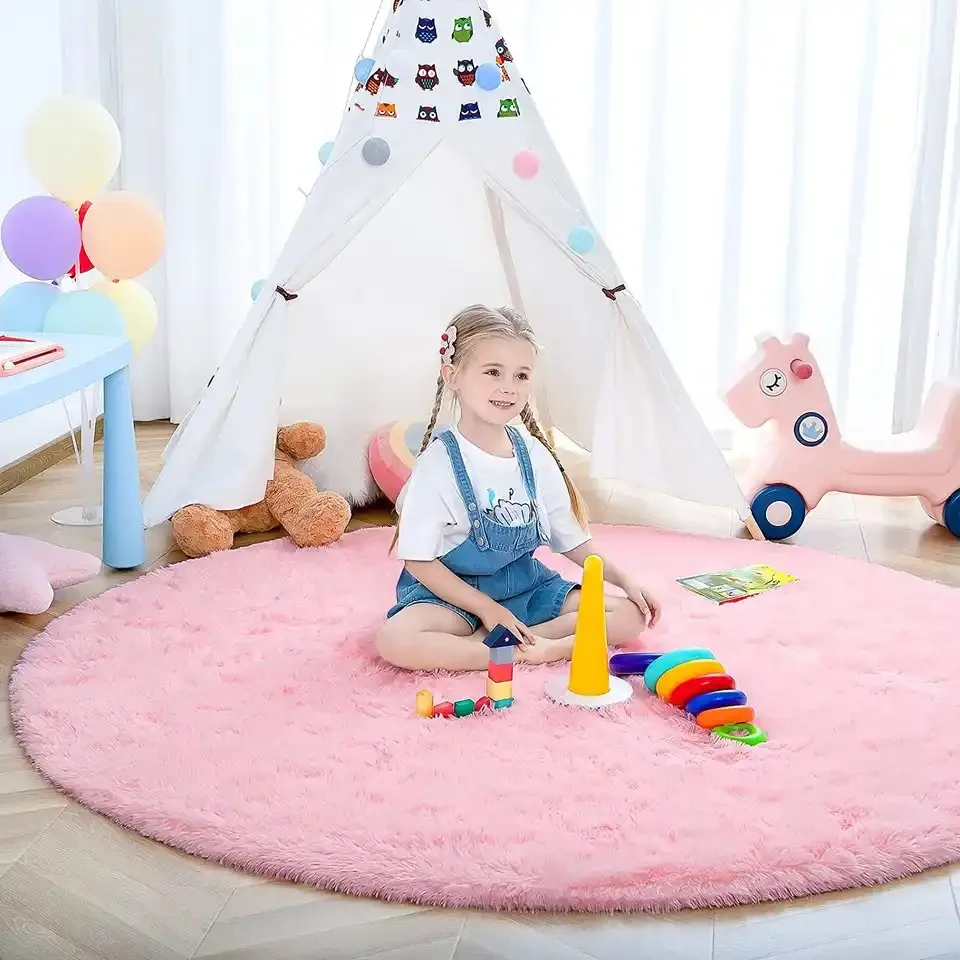 

Round Fluffy Pink Carpets Living Room Children's Room Soft Home Decor Rugs Girls' bedroom Bedside Plush Anti Slip Floor Play Mat