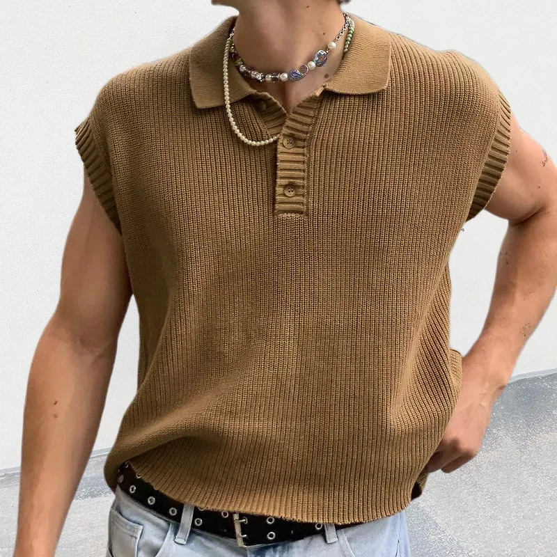 

Leisure Solid Knittin Tops Men Sleeveless Buttoned Turn-down Collar Knit Vest Sirts 2023 Sprin Summer Men's Clotin Fasion