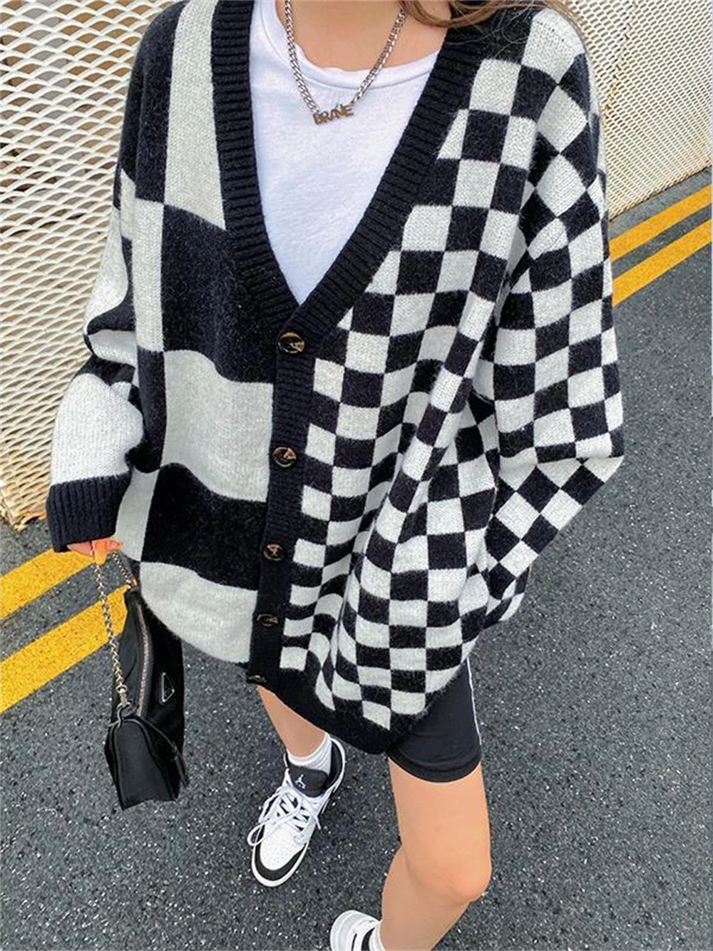 

Baggy Y2k Plaid Print Women Sweatshirt Patchwork Fashion Casual Loose Streetwear Female V-neck Long Sleeve Cardigans Tops