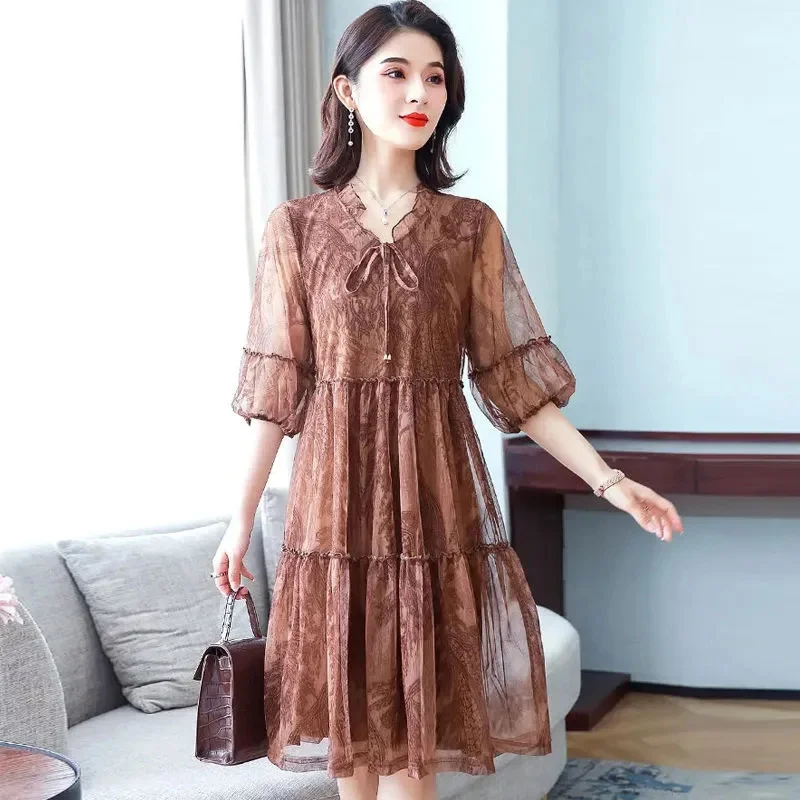 

Dressed Women's 2023 Summer New Sleeve Loose Mesh A-line Skirt Light Mature Style Western Style Skirt Summer