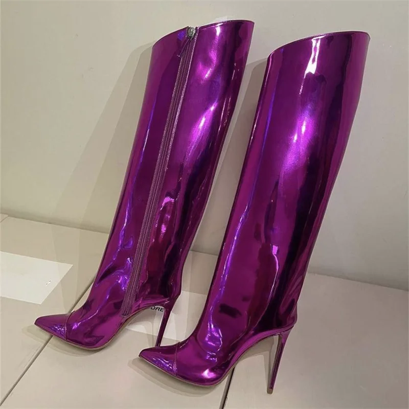 Gold Silver Mirror Boots For Women Knee-high Boots Pointed Toe Ladies Shoes Sexy Nightclub High Heels Stiletto Demonia Boots New