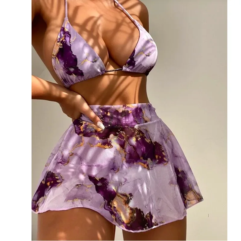 

2022 New Three Piece Printed Bikini Sexy Bandage Skirt Triangular Swimsuit For Women One Piece Bikinis Set