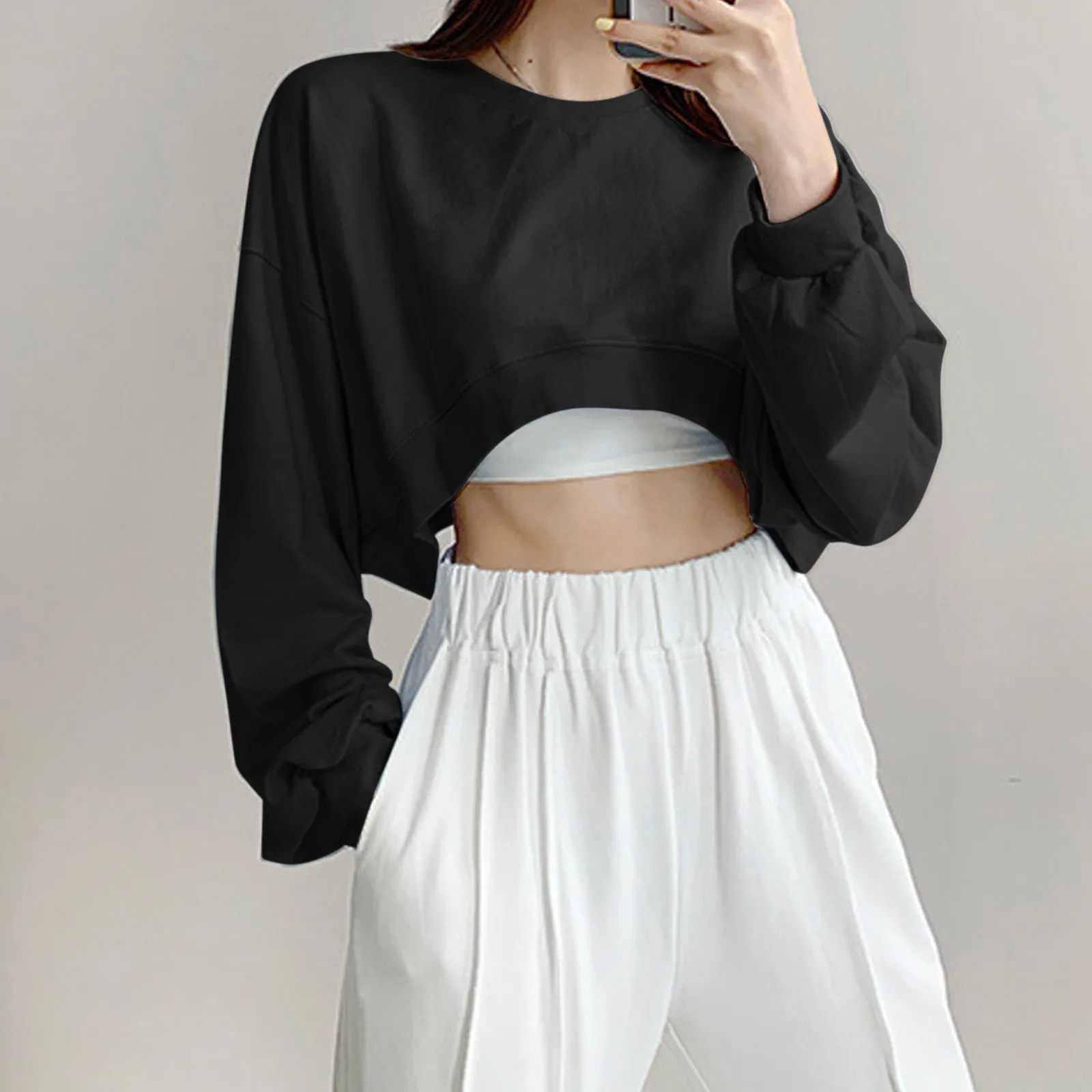 

Womens Casual Solid Long Sleeve Loose Round Neck Crop Top Sweatshirt Womens Hoodie Sweatshirt Women Pullover Hoodie Sweatshirt