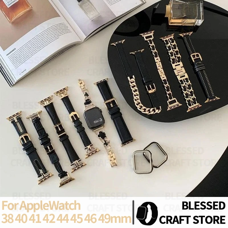 Фото Женский черный золотой металлический ремешок-цепочка для Apple Watch 11 10 9 8 7, браслет для IWatch 38 42 мм 44 45 46 мм, аксессуары №1