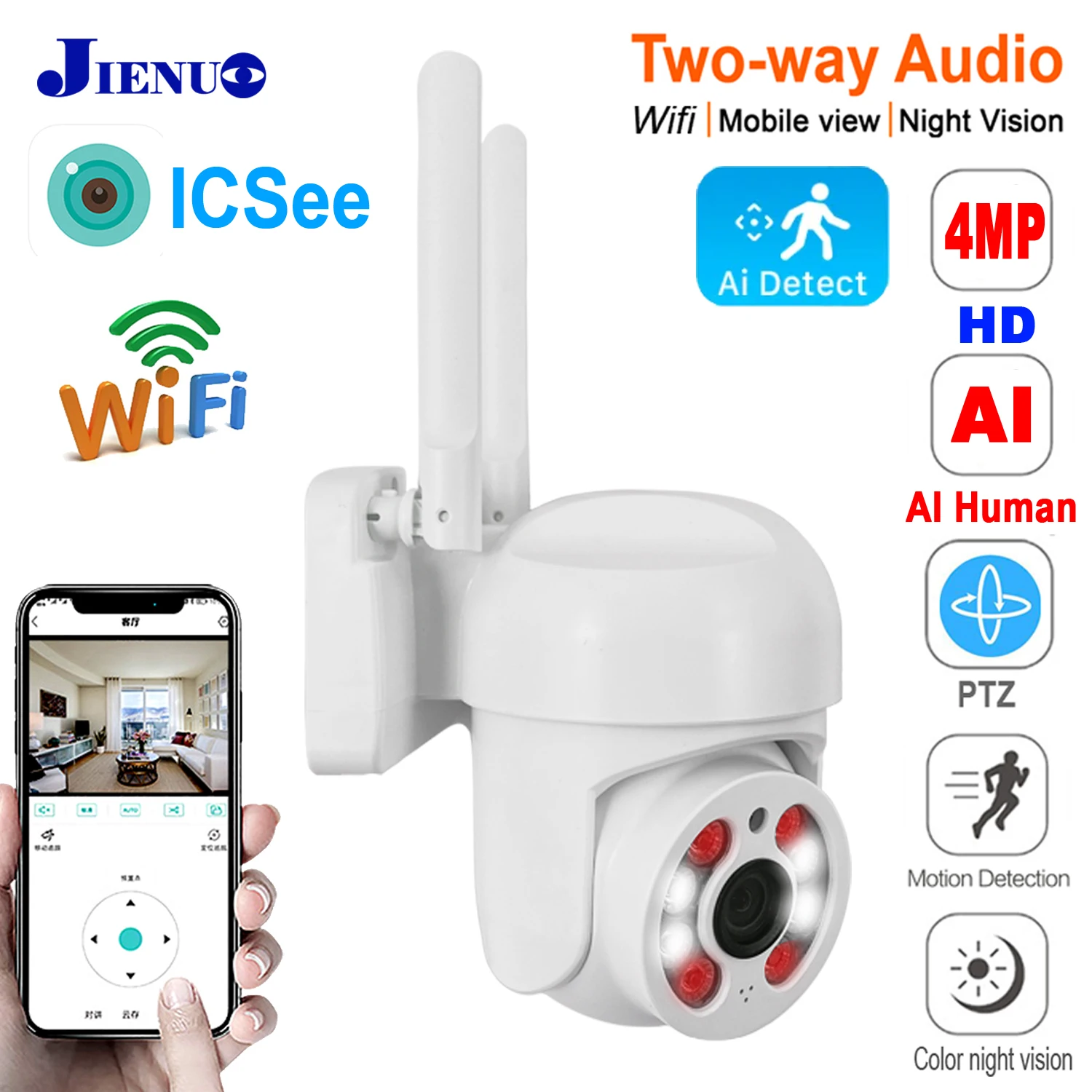 4MP PTZ IP камера, Wifi AI, обнаружитель, автоматическое отслеживание, 5X цифровой зум, Cctv, безопасность, беспроводная, 2MP аудио, HD, полный цвет, домашняя камера ICSee