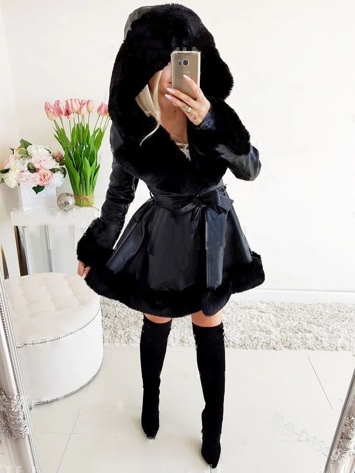 Women Fashion Tie Belt High Waist Short Coats Winter PU Leather Jackets Female Lady Elegant Side Pockets Warm Faux Fur Jackets