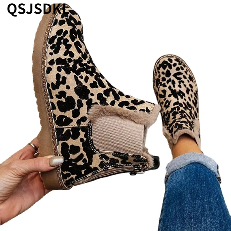

Женские ботильоны, зимние леопардовые Ботинки Челси, теплая обувь для женщин 2023, модная повседневная женская обувь на молнии сзади