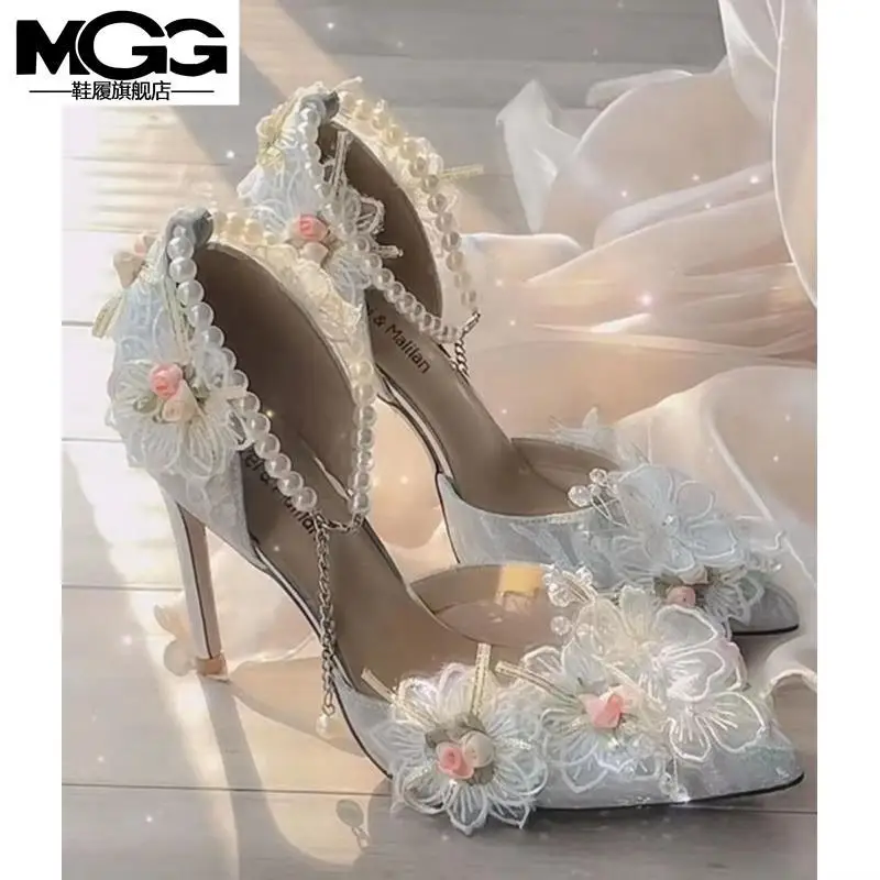 

Floral Pearl Heels Lolita Shoe Wedding Ceremony Heel Flower Wedding Shoes Children's Flower Shoes White Stilettos For Daily Girl