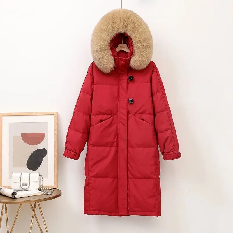 New Winter Long Warm Hooded White Duck Down Jacket Female Korean Version of Parka Coat Fashion Coat Fur Collar Women's Clothing