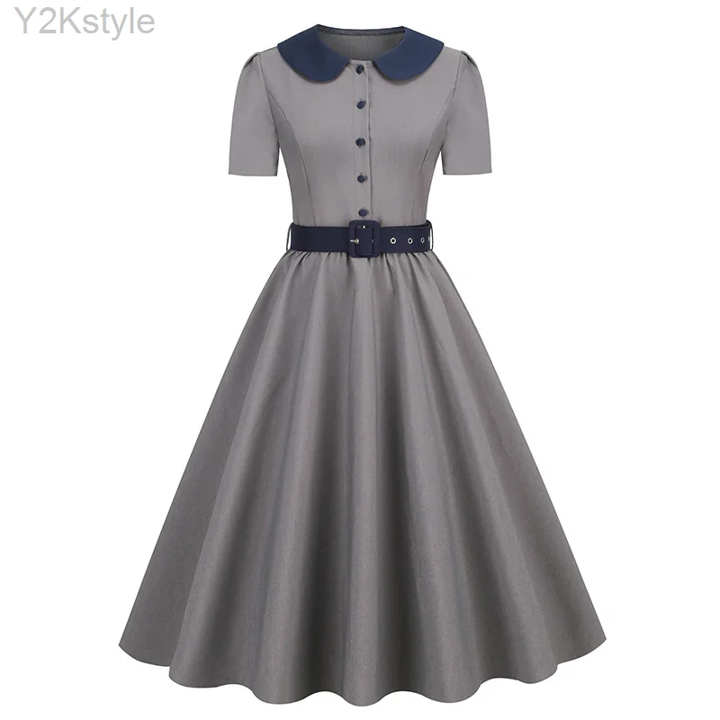 

Peter Pan Collar Button Up Pinup Retro Pleated Midi Dress for Women Short Sleeve Elegant Vintage Dresses with Belt