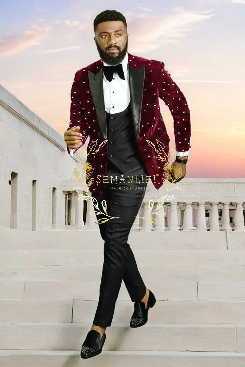Фото Роскошные бордовые бархатные мужские костюмы с бисером Homme, смокинги для жениха, свадебная вечеринка, Terno Masculino, облегающие костюмы из трех предметов, куртка, жилет, брюки №1