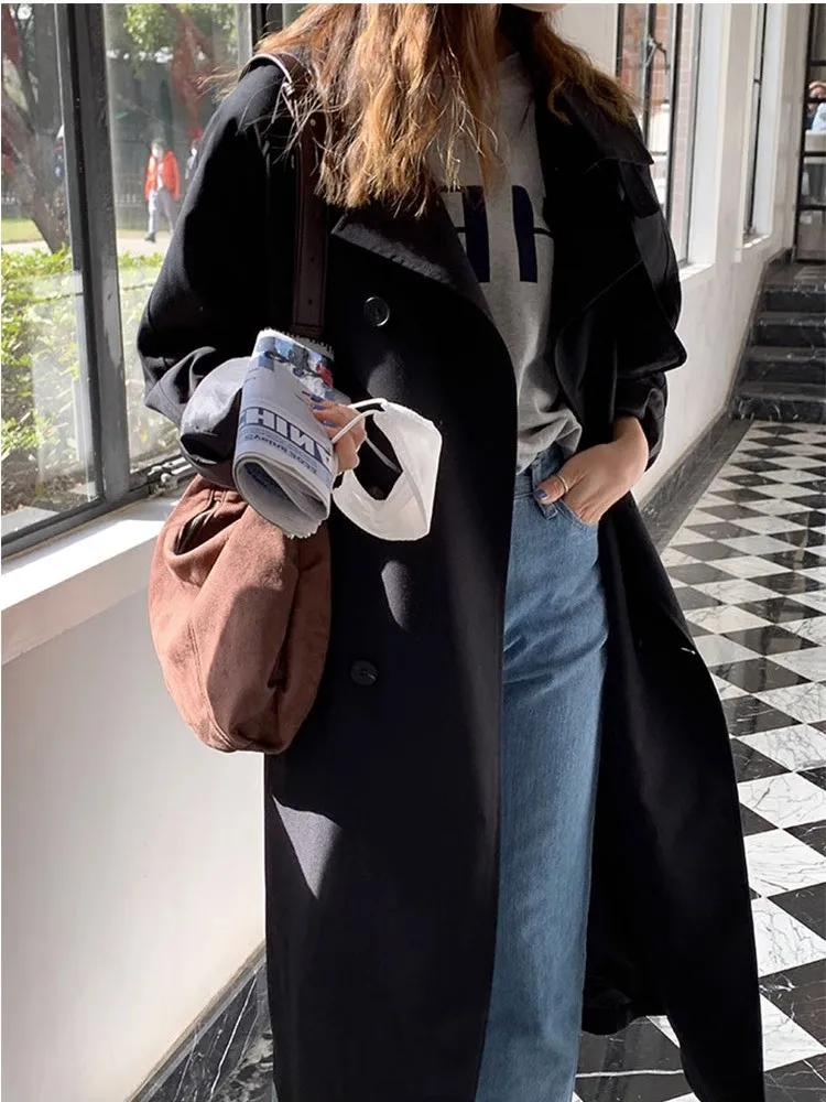 

Женский Повседневный тонкий Тренч без подкладки, корейская мода, двубортное черное пальто цвета хаки, весна 2023, свободное Женское пальто