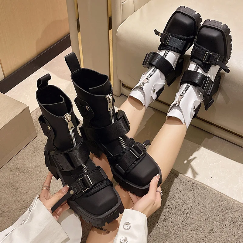 Internet Hot Short Autumn and Winter 2022 New Thick Bottom Chunky Heel Small Skinny Square Toe Women's Chelsea Boots