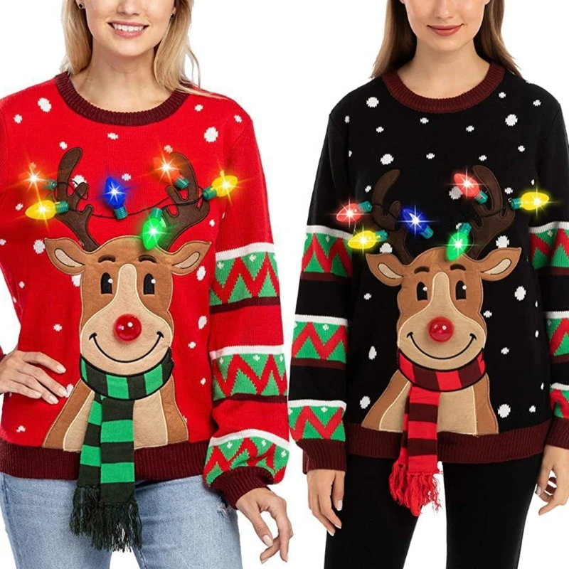 

Christmas Deer Knit Long Sleeve O-Neck LED Light Sweater Pullover Top for Women