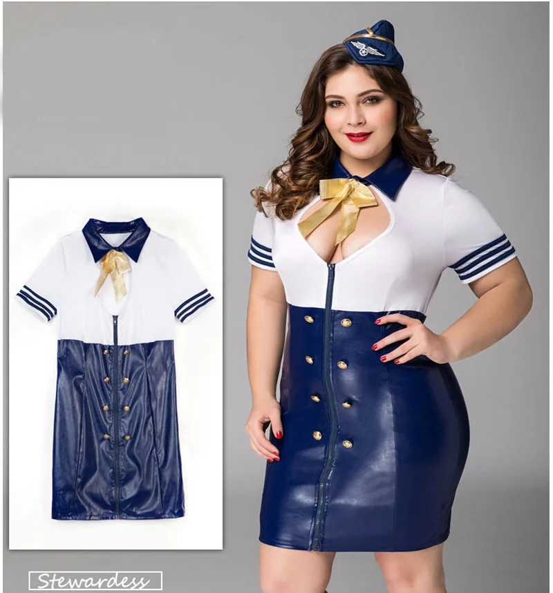 

Women's Sexy Leather Splicing Large Size Airline Stewardess Dance Costume DressSet Sexy Broadside Mesh Cosplay Uniform Temptatio