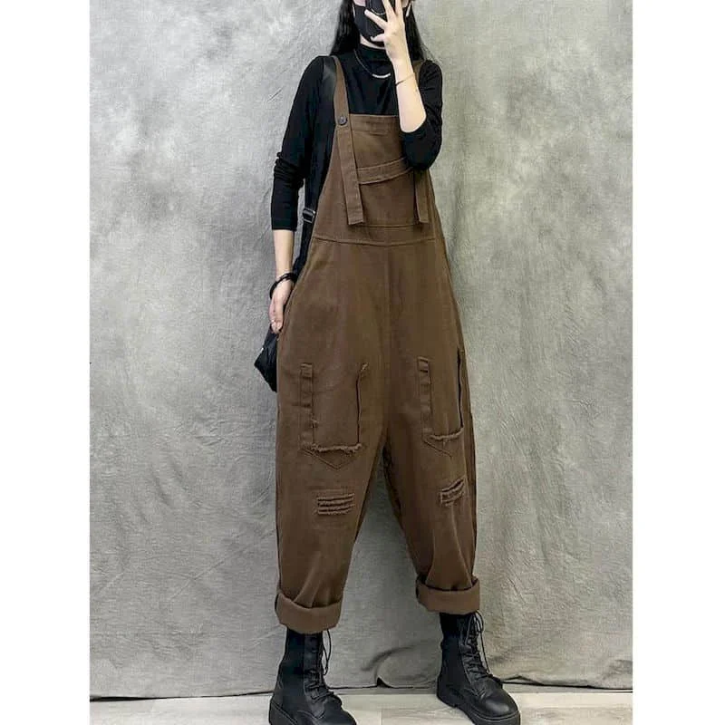 Однотонные Комбинезоны для женщин винтажные прямые брюки в стиле Харадзюку