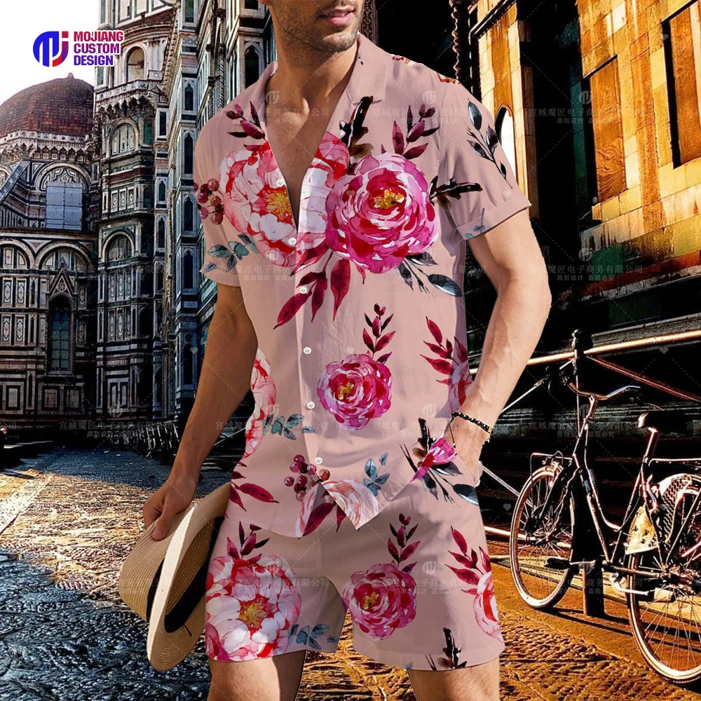 2023 Men's Fashion Personality Floral Print Button Short Sleeve Shirt Classic Design Slim Top Daily Casual Shorts Set
