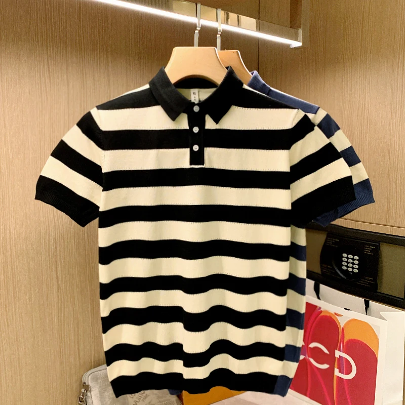 

Men’s Short Sleeve Knit Sports Shirt Modern Polo Shirts Vintage Classics Stripes Knitted Buttoned Shirt Men's Clothing G90