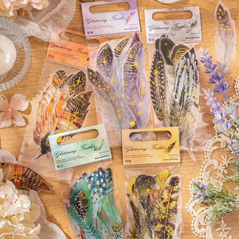 

10Pcs Large Size Glitter Feather Series Hand Account Material Vintage Feathers Decorative Material Sticker Embellishment DIY