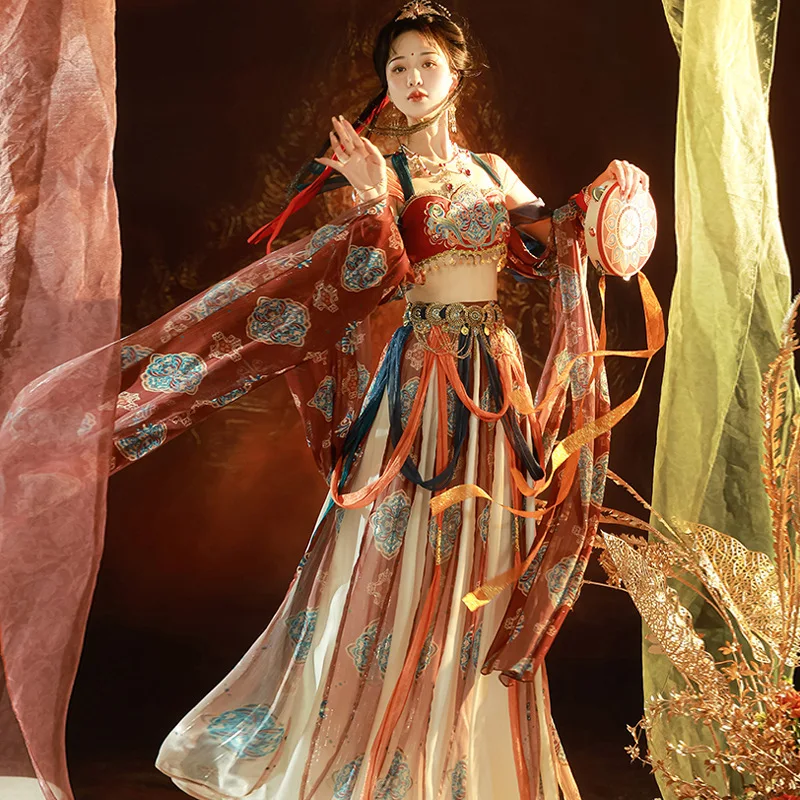 

DunHuang Sky Flyer Original Design Women's Chinese Style 3PCS Set Gorgerous Embroidery Vest & Long Skirt & Scarf Elegant