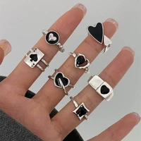 punk poker silver rings for women men opening adjustable alloy zircon heart ring girls korean fashion jewelry gifts