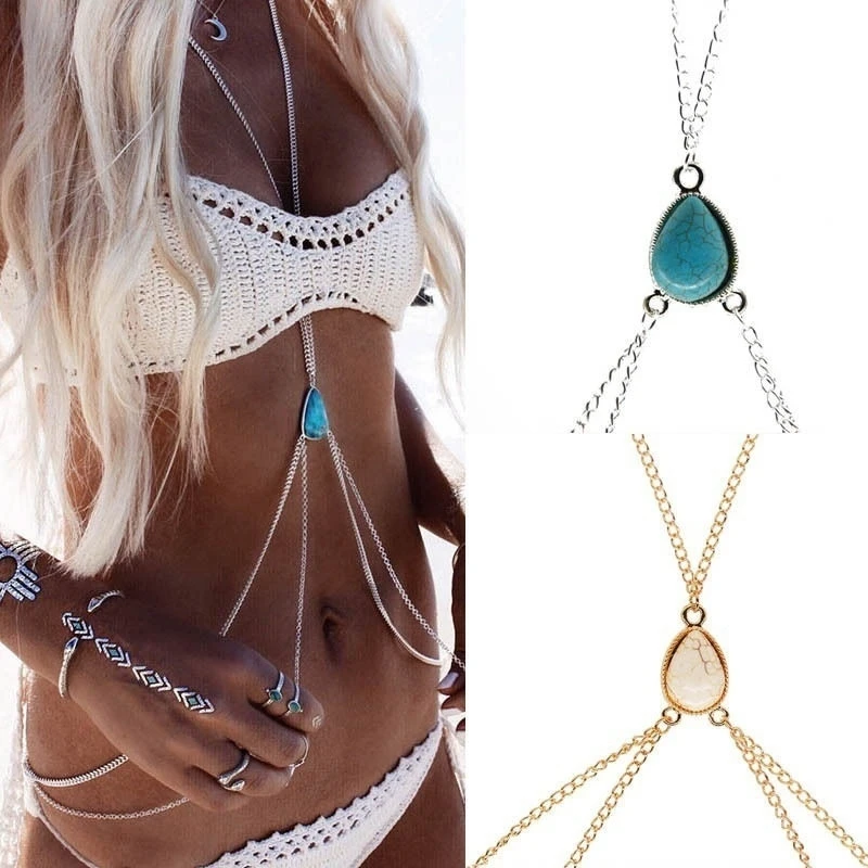 New Women Bikini Harness Waist Belly Body Turquoise Chain Jewelry