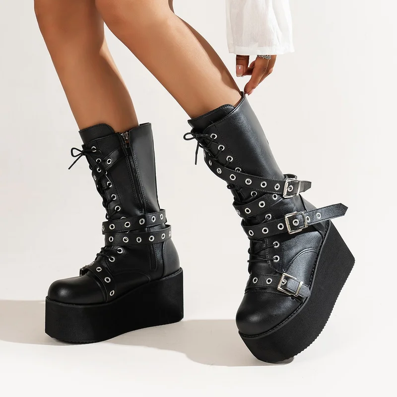 

Big Size 43 Women Boots Black Lace Up Buckle Round Toe Wedges Platform Boots Punk Goth Women Street Shoes Womne's Boots 2022