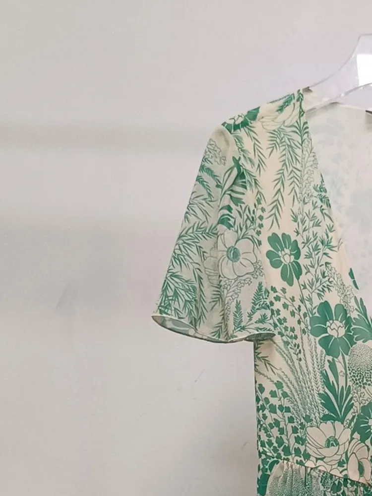 

Floral print Women V-neck Pleated Dress 2022 Summer new Lace-up Temperament Slim Fit Female Short Sleeve Mini Robe