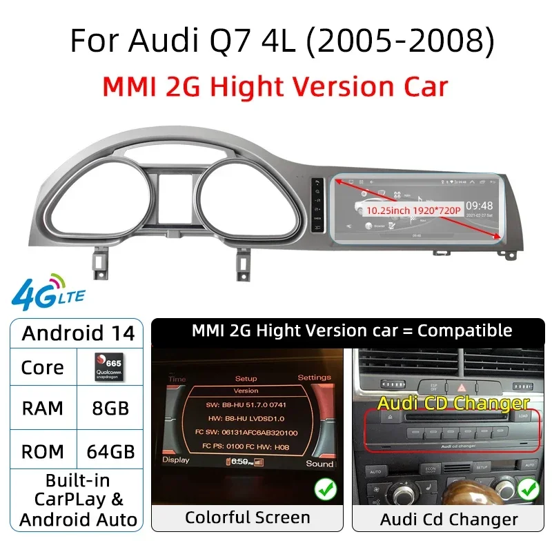 

Android 14 8 + 128 ГБ CarPlay для Audi Q7 4L 2005-2015 MMI 2G 3G GPS Автомобильный мультимедийный плеер Навигация Авто Радио Стерео DSP WIFI