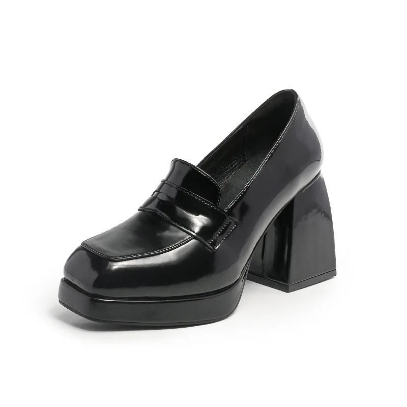Black Heels Platform Loafers Heel Leather Shoes Women Vintage Chunky Heeled Mary Janes Japanese Lolita Y2k Shoes Slip On Pumps